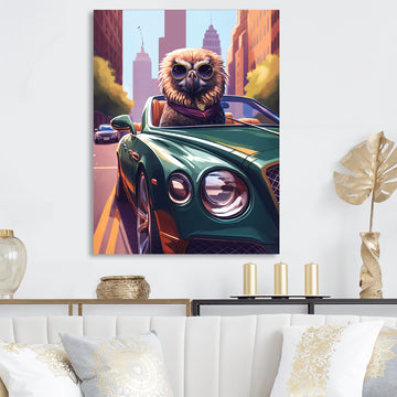 Brown Bird Wearing Sunglasses In Sportscar - Bird Fashion Wall Art Prints